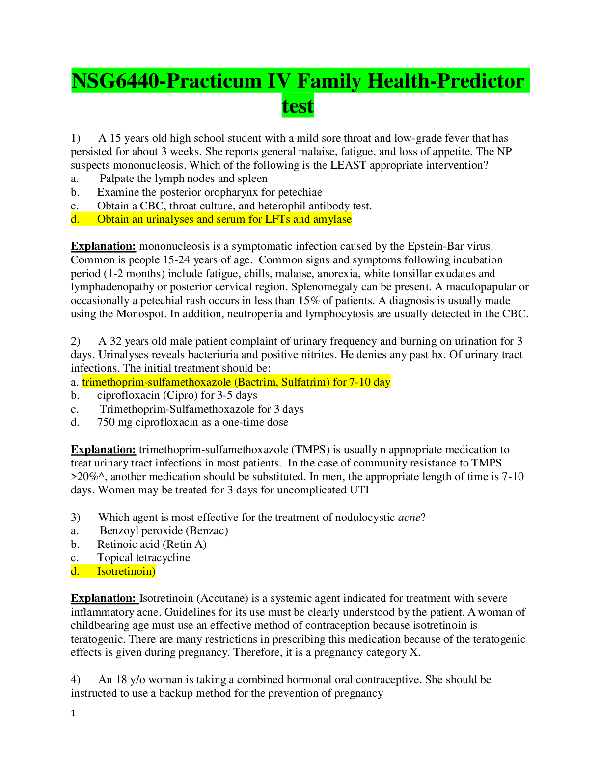 Recommended document preview for NSG6440-Practicum IV Family Health-Predictor test